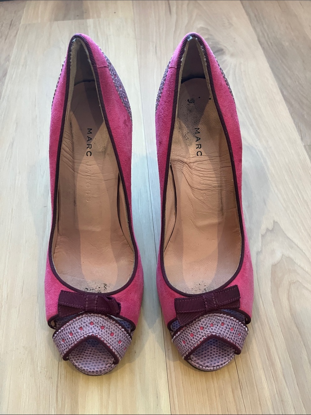 Marc by Marc Jacobs Pink Suede Peep-Toe Heels with Bow Detail